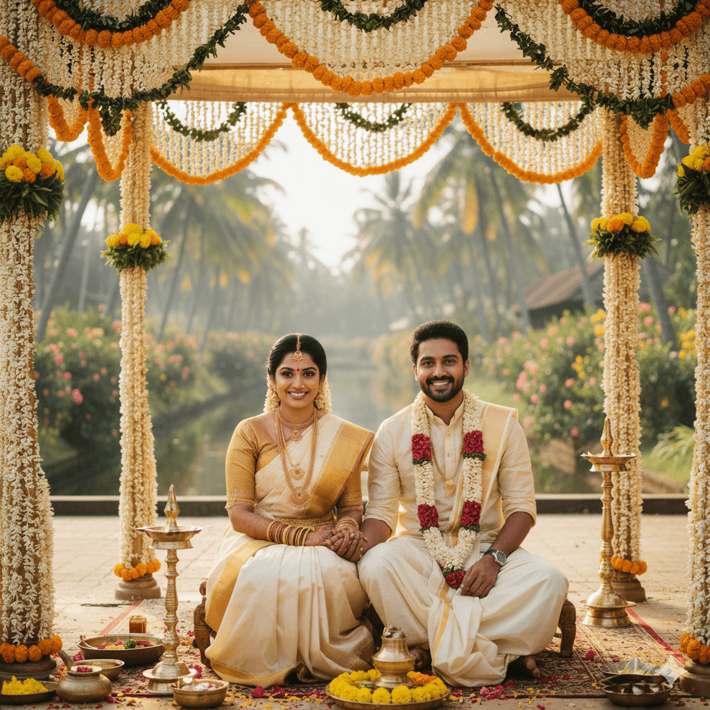 Happy couple in traditional Kerala wedding attire